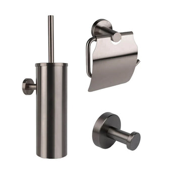 L'ensemble de toilettes Mano Gunmetal de yessential.fr se compose d'un porte-brosse de toilette avec brosse, d'un porte-papier toilette avec couvercle et d'un crochet mural, le tout en métal brossé élégant pour une mise à niveau élégante de la salle de bain.