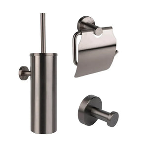 L'ensemble de toilettes Mano Gunmetal de yessential.fr se compose d'un porte-brosse de toilette avec brosse, d'un porte-papier toilette avec couvercle et d'un crochet mural, le tout en métal brossé élégant pour une mise à niveau élégante de la salle de bain.