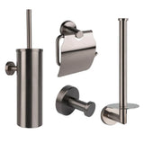 Embellissez votre salle de bain avec l'ensemble WC Lauro Gunmetal de yessential.fr - quatre accessoires luxueux : ensemble brosse WC, porte-papier toilette avec couvercle, crochet mural et porte-rouleau de rechange dans une élégante finition bronze brossé.