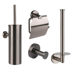 Embellissez votre salle de bain avec l'ensemble WC Lauro Gunmetal de yessential.fr - quatre accessoires luxueux : ensemble brosse WC, porte-papier toilette avec couvercle, crochet mural et porte-rouleau de rechange dans une élégante finition bronze brossé.