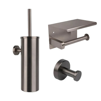 L'ensemble WC Midao Gunmetal de yessential.fr est composé d'une fresque WC, d'un papier toilette avec une couche de crochet autour - prêt pour une salle de bain moderne en cours de conception.