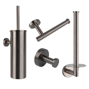 L'ensemble de toilettes Cosimo Gunmetal de yessential.fr se compose d'un porte-brosse de toilette, d'un porte-papier toilette, d'un porte-rouleau de rechange et d'un crochet mural - un design cylindrique élégant qui est idéal pour tous ceux qui recherchent des accessoires de toilette élégants et modernes.