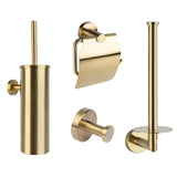 L'ensemble de toilettes Lauro Gold de yessential.fr se compose de quatre accessoires de salle de bain élégants : un porte-brosse de toilette, un porte-papier toilette avec couvercle, un crochet mural et un porte-papier toilette de rechange.