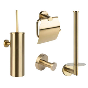 L'ensemble de toilettes Lauro Gold de yessential.fr se compose de quatre accessoires de salle de bain élégants : un porte-brosse de toilette, un porte-papier toilette avec couvercle, un crochet mural et un porte-papier toilette de rechange.