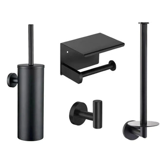 L'ensemble WC Pacho Black de yessential.fr se compose d'un ensemble brosse WC, d'un porte-papier avec couvercle, d'un crochet mural et d'un porte-rouleau de rechange - le tout dans une finition noir mat avec un design minimaliste moderne. L'ensemble d'accessoires de toilette noir idéal pour chaque salle de bain élégante.