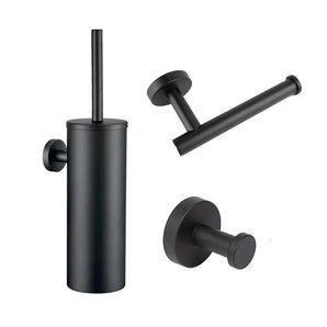 L'ensemble WC Xavo Black de yessential.fr se compose d'un porte-brosse de toilette noir mat, d'un porte-papier toilette mural et d'un crochet mural - des accessoires de salle de bain modernes pour tout espace contemporain, représentés sur fond blanc.
