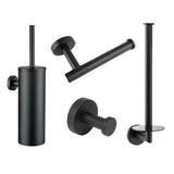 L'ensemble de toilettes Cosimo Black de yessential.fr comprend un porte-brosse de toilette mural, un porte-papier toilette, un crochet pour peignoir et un porte-rouleau de rechange dans un design noir moderne - idéal comme ensemble de toilettes noir pour un contraste élégant sur fond blanc.
