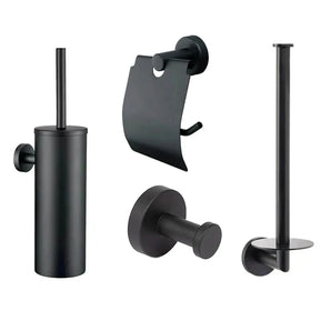 L'ensemble de toilettes Lauro Black de yessential.fr se compose de quatre accessoires de salle de bains noir mat : une brosse de toilettes avec support, un porte-papier toilette avec couvercle, un crochet mural et un porte-papier toilette de rechange, le tout représenté sur un fond blanc.