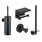 L'ensemble WC Santino Black de yessential.fr se compose de quatre éléments muraux : un porte-brosse WC, un porte-papier noir avec étagère, un crochet pour peignoir et un porte-papier de rechange - idéal pour une salle de bain moderne et épurée.