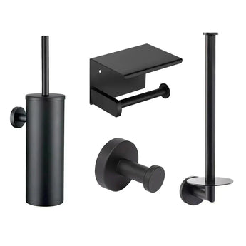 L'ensemble WC Santino Black de yessential.fr se compose de quatre éléments muraux : un porte-brosse WC, un porte-papier noir avec étagère, un crochet pour peignoir et un porte-papier de rechange - idéal pour une salle de bain moderne et épurée.