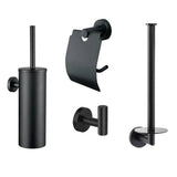 L'ensemble WC Fabiano Black de yessential.fr se compose de quatre éléments élégants : un porte-brosse mural, un porte-papier toilette avec couvercle, un crochet simple et un porte-rouleau de rechange vertical - idéal comme ensemble d'accessoires de salle de bain élégant.