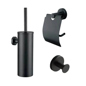 L'ensemble de toilettes Mano Black de yessential.fr contient un porte-brosse de toilette noir mat, un porte-rouleau de papier toilette avec abattant et un crochet mural pour une salle de bain élégante. Parfait comme ensemble d'accessoires de toilette noir luxueux !.
