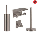 L'ensemble de toilettes yessential.fr Ludo Gunmetal (sans perçage) se compose d'un porte-brosse de toilette en métal brossé, d'un porte-papier toilette avec étagère, d'un crochet mural simple et d'un porte-essuie-tout vertical. Dans le coin supérieur droit se trouve une icône d'installation « sans perçage ».