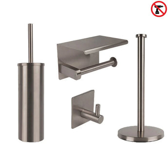 L'ensemble de toilettes yessential.fr Ludo Gunmetal (sans perçage) se compose d'un porte-brosse de toilette en métal brossé, d'un porte-papier toilette avec étagère, d'un crochet mural simple et d'un porte-essuie-tout vertical. Dans le coin supérieur droit se trouve une icône d'installation « sans perçage ».