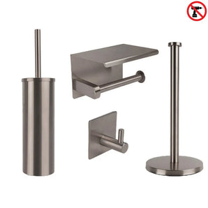 L'ensemble de toilettes yessential.fr Ludo Gunmetal (sans perçage) se compose d'un porte-brosse de toilette en métal brossé, d'un porte-papier toilette avec étagère, d'un crochet mural simple et d'un porte-essuie-tout vertical. Dans le coin supérieur droit se trouve une icône d'installation « sans perçage ».