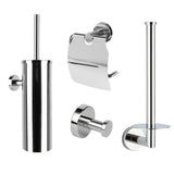 L'ensemble WC Lauro Chrome de yessential.fr comprend quatre accessoires de salle de bain : un porte-brosse WC, un porte-papier toilette avec couvercle, un crochet pour peignoir et un porte-papier toilette de rechange, le tout dans une finition moderne et brillante.