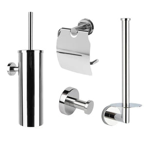 L'ensemble WC Lauro Chrome de yessential.fr comprend quatre accessoires de salle de bain : un porte-brosse WC, un porte-papier toilette avec couvercle, un crochet pour peignoir et un porte-papier toilette de rechange, le tout dans une finition moderne et brillante.