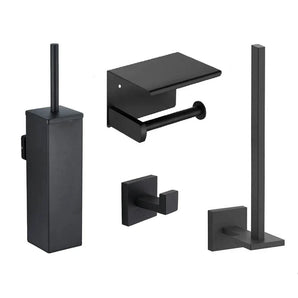 L'ensemble WC Moreno Black de yessential.fr se compose de quatre accessoires de salle de bain noir mat - un porte-brosse, un porte-papier avec étagère, un crochet et un espace de rangement vertical - dans un design moderne et minimaliste.
