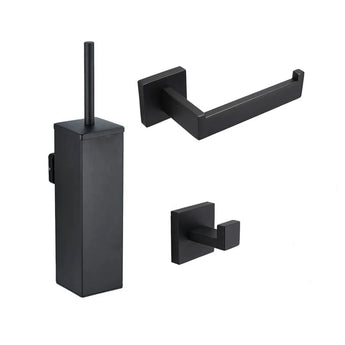 L'ensemble Damiano Black de yessential.fr se compose d'un porte-brosse de toilette moderne noir mat, d'un porte-papier rectangulaire et d'un crochet mural carré, chacun dans un design élégant et minimaliste.