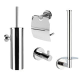 L'ensemble de toilettes Quirino Chrome de yessential.fr se compose de quatre accessoires de salle de bains chromés : un porte-brosse de toilette, un porte-papier toilette recouvert, un crochet mural et un porte-rouleau de rechange.