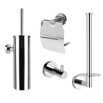 L'ensemble de toilettes Quirino Chrome de yessential.fr se compose de quatre accessoires de salle de bains chromés : un porte-brosse de toilette, un porte-papier toilette recouvert, un crochet mural et un porte-rouleau de rechange.