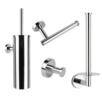 L'ensemble de toilettes Cosimo Chrome de yessential.fr se compose de quatre pièces en acier inoxydable - un porte-brosse de toilette, un porte-papier toilette, un porte-rouleau de rechange et un crochet mural - dans une élégante finition chromée polie. Améliorez votre ensemble d'accessoires de salle de bain avec style !