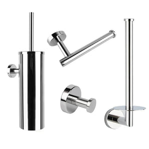 L'ensemble de toilettes Cosimo Chrome de yessential.fr se compose de quatre pièces en acier inoxydable - un porte-brosse de toilette, un porte-papier toilette, un porte-rouleau de rechange et un crochet mural - dans une élégante finition chromée polie. Améliorez votre ensemble d'accessoires de salle de bain avec style !