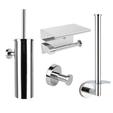 L'ensemble de toilettes Santino Chrome de yessential.fr se compose d'un porte-brosse de toilette en acier inoxydable, d'un porte-papier toilette avec étagère, d'un porte-rouleau de rechange, d'un crochet mural et d'une élégante étagère murale en verre dans une finition chromée moderne.