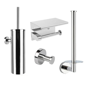 L'ensemble de toilettes Santino Chrome de yessential.fr se compose d'un porte-brosse de toilette en acier inoxydable, d'un porte-papier toilette avec étagère, d'un porte-rouleau de rechange, d'un crochet mural et d'une élégante étagère murale en verre dans une finition chromée moderne.