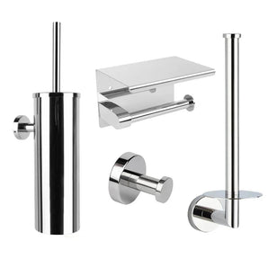 L'ensemble de toilettes Santino Chrome de yessential.fr se compose d'un porte-brosse de toilette en acier inoxydable, d'un porte-papier toilette avec étagère, d'un porte-rouleau de rechange, d'un crochet mural et d'une élégante étagère murale en verre dans une finition chromée moderne.