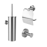 L'ensemble de toilettes Mano en acier inoxydable de yessential.fr contient un porte-brosse de toilette, un porte-rouleau de papier toilette avec rabat et crochet mural - un ensemble d'accessoires de salle de bain complet et élégant en acier inoxydable sur un fond blanc.