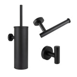 L'ensemble WC Ferro Black de yessential.fr se compose d'un ensemble brosse WC noir mat, d'un porte-papier et d'un crochet mural - chacun avec un design cylindrique moderne et des fixations murales, parfaits pour une salle de bain élégante et contemporaine.