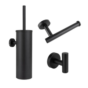 L'ensemble WC Ferro Black de yessential.fr se compose d'un ensemble brosse WC noir mat, d'un porte-papier et d'un crochet mural - chacun avec un design cylindrique moderne et des fixations murales, parfaits pour une salle de bain élégante et contemporaine.