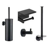 L'Ensemble WC Donato Noir de yessential.fr reprend les accessoires du meuble de bain moderne noir mat : un WC en fer forgé avec support, les parois des toilettes avec couvercle, un simple porte-rouleau de papier toilette et un rond mural au crochet.
