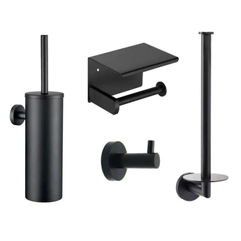 L'Ensemble WC Donato Noir de yessential.fr reprend les accessoires du meuble de bain moderne noir mat : un WC en fer forgé avec support, les parois des toilettes avec couvercle, un simple porte-rouleau de papier toilette et un rond mural au crochet.