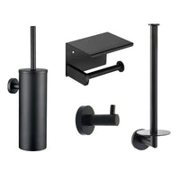 L'Ensemble WC Donato Noir de yessential.fr reprend les accessoires du meuble de bain moderne noir mat : un WC en fer forgé avec support, les parois des toilettes avec couvercle, un simple porte-rouleau de papier toilette et un rond mural au crochet.