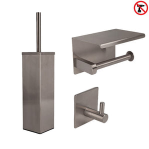 L'ensemble de toilettes Lazzo Gunmetal (sans perçage) de yessential.fr se compose d'une brosse de toilette en acier inoxydable avec support, d'un porte-papier toilette avec étagère et d'un crochet mural simple. Une icône « sans perçage » met en valeur cet ensemble de salle de bain moderne.