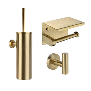 L'ensemble de toilettes Nando Gold de yessential.fr se compose d'un porte-brosse de toilette mural, d'un porte-papier toilette avec étagère et d'un crochet mural rond - un ensemble d'accessoires de salle de bain élégant pour un look moderne.