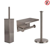 L'ensemble de toilettes yessential.fr Alexo Gunmetal (sans perçage) se compose d'une brosse de toilette avec support, d'une toilette murale avec étagère et d'un porte-rouleau de papier toilette vertical sur pied - le tout peut être installé sans perçage.