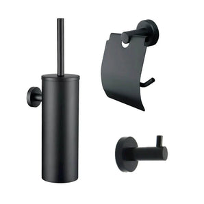 Complétez votre salle de toilettes avec l'ensemble de toilettes Marino Black de yessential.fr : un élégant porte-brosse de toilette mural noir mat, un porte-rouleau de papier toilette avec rabat et un crochet mural. Accessoires de salle de bain de luxe dans un seul ensemble !.