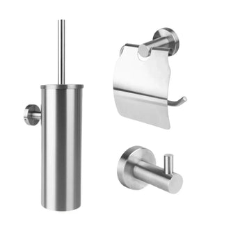 L'ensemble de toilettes Marino en acier inoxydable de yessential.fr comprend un porte-brosse de toilette en acier inoxydable, un porte-papier toilette avec couvercle et un crochet mural simple - idéal pour les salles de bains modernes.