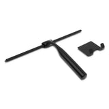 La Zamoro Black de yessential.fr est une raclette de douche noire avec une poignée coudée et une lame de nettoyage droite, illustrée à côté de son support mural assorti avec système de suspension 3M.
