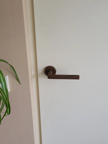 Une porte blanche avec une poignée de porte intérieure en noyer Lucio sombre et moderne de yessential.fr. À gauche, une plante à feuilles vertes et un interrupteur sont visibles sur un mur beige.
