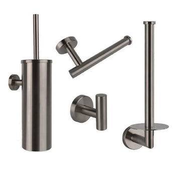 L'ensemble WC Corrado Gunmetal de yessential.fr se compose d'un ensemble brosse WC, d'un porte-papier peint, d'un porte-rouleau de rechange et d'un crochet pour peignoir en métal brossé - des accessoires modernes pour améliorer n'importe quelle salle de bain.