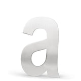 Une lettre minuscule « a » en argent brossé (15 cm) de la collection Adamo en acier inoxydable par yessential.fr, debout sur blanc - parfaite pour des numéros de maison élégants.