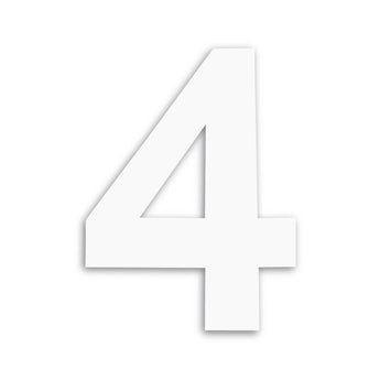 Un grand numéro 4 Adamo White 20 cm de yessential.fr avec une ombre subtile, centrée sur un fond blanc uni - idéal comme numéro de maison moderne.
