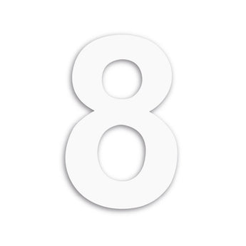L'Adamo White 20cm de yessential.fr est un grand numéro de maison blanc 8 avec une ombre subtile, affiché sur un fond blanc uni.