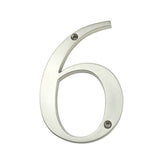 Le Matteo Nickel 10 cm de yessential.fr est un chiffre 6 métallique avec une finition brossée et deux trous de vis (haut et bas), représenté sur un fond blanc - parfait pour des numéros de maison élégants en nickel.