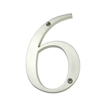 Le Matteo Nickel 10 cm de yessential.fr est un chiffre 6 métallique avec une finition brossée et deux trous de vis (haut et bas), représenté sur un fond blanc - parfait pour des numéros de maison élégants en nickel.