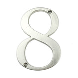 Le Matteo Nickel 10cm de yessential.fr est une plaque numéro 8 en métal avec une finition brossée et deux trous de vis (en haut à droite, en bas à gauche), idéale pour ceux qui recherchent des numéros de maison modernes en nickel.